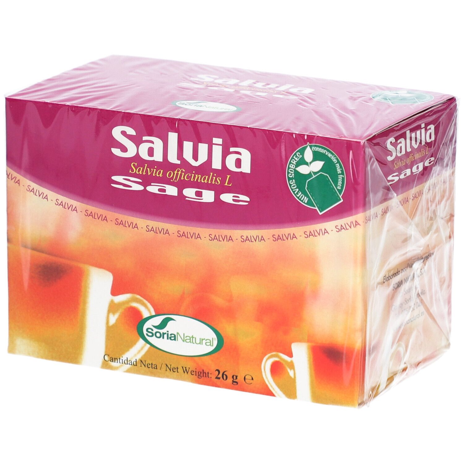 Verpackung von Salvia-Tee. Aufschrift: Salvia officinalis L. Sage. SoriaNatural-Logo. Nettogewicht 26 g.