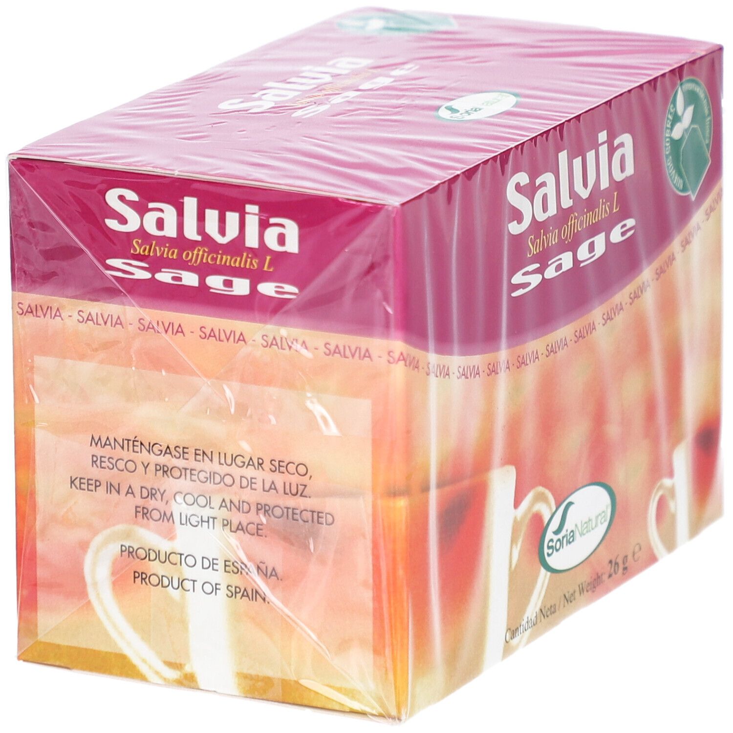 Verpackung von Salvia-Tee. Aufschrift: Salvia officinalis L. Sage. SoriaNatural-Logo. Nettogewicht 26 g.