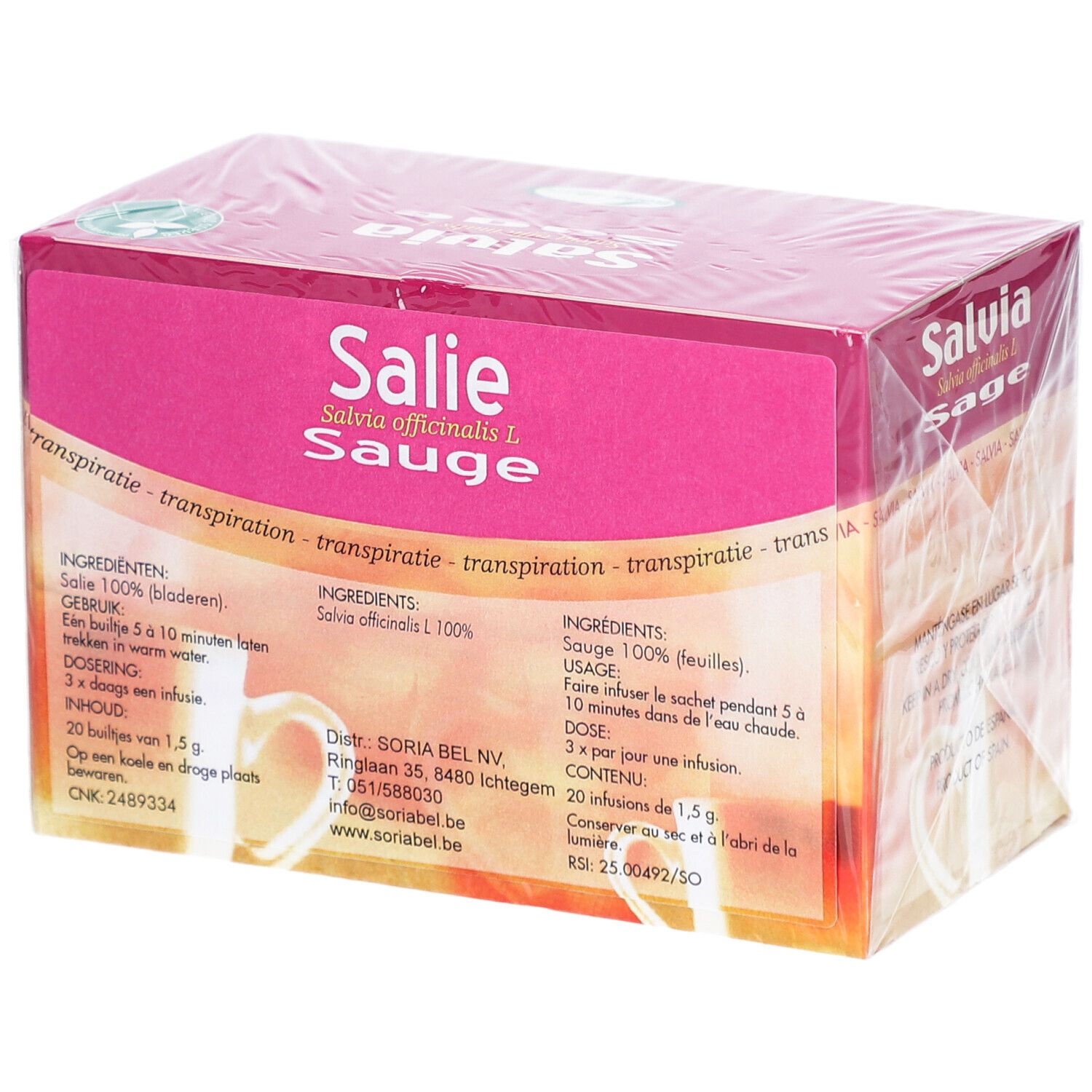 Verpackung von Salie-Tee. Aufschrift: Salvia officinalis L. Sauge. Soria Bel NV. 20 Beutel à 1,5 g.