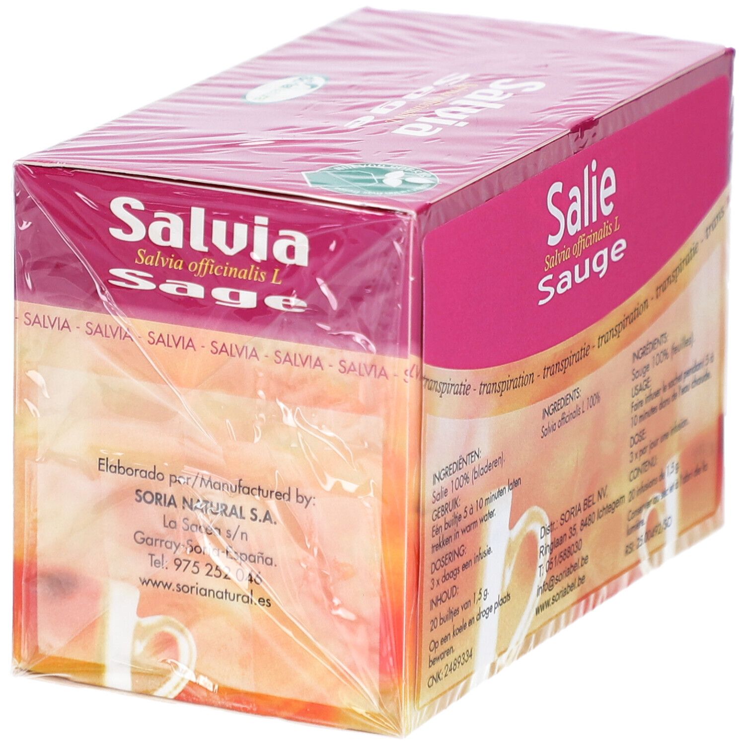 Verpackung von Salie-Tee. Aufschrift: Salvia officinalis L. Sauge. Soria Natural S.A. 20 Beutel à 1,5 g.