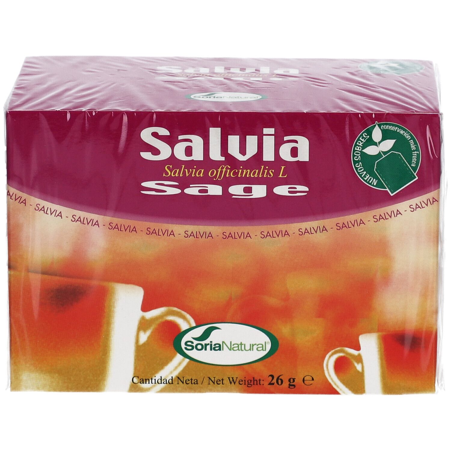 Verpackung von Salvia-Tee. Aufschrift: Salvia officinalis L. Sage. SoriaNatural-Logo. Nettogewicht 26 g.