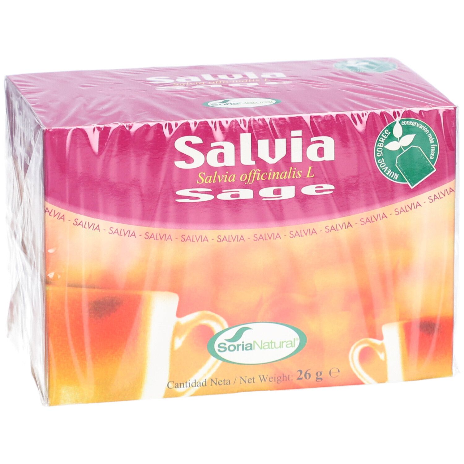 Verpackung von Salvia-Tee. Aufschrift: Salvia officinalis L. Sage. SoriaNatural-Logo. Nettogewicht 26 g.