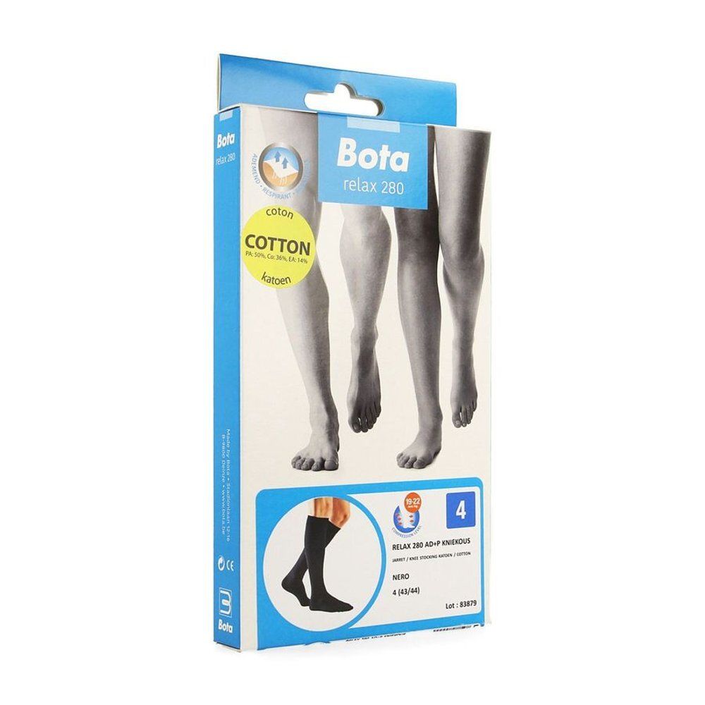 Boîte de bas de compression Bota Relax 280. Bas noirs, taille 4. Coton. Illustration de jambes et pieds. Inscription « coton ».