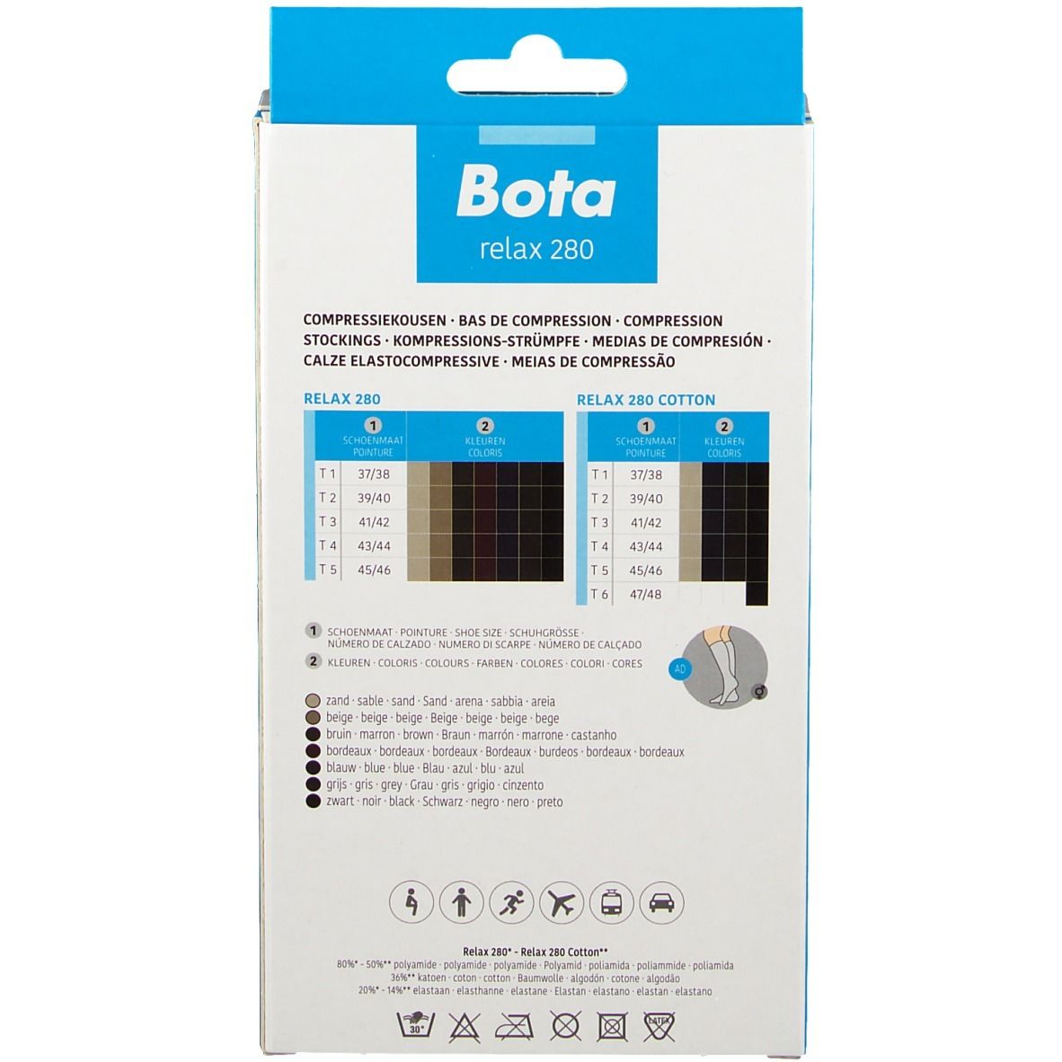 Rückseite der Verpackung mit Größentabelle und Farbauswahl für Bota Relax 280 Kniestrümpfe. Produktname und Logo.