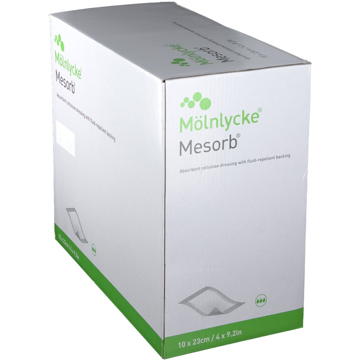 Mesorb Kompressen-Box. Hersteller: Mölnlycke. Größe: 10 x 23 cm. Zellulose-Wundauflage mit flüssigkeitsabweisender Rückseite.