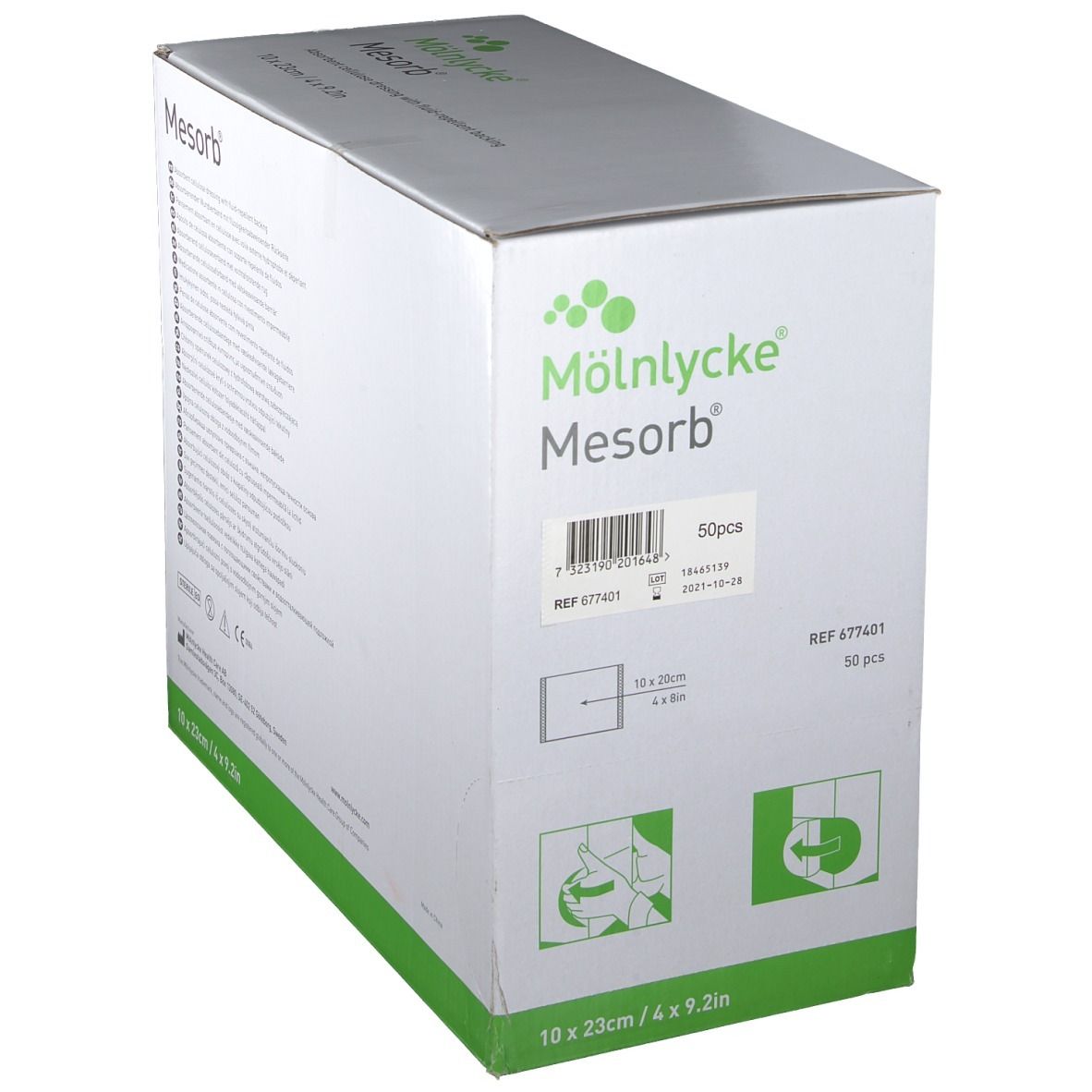 Mesorb Kompressen-Box. Hersteller: Mölnlycke. Größe: 10 x 23 cm. 50 Stück. Zellulose-Wundauflage mit flüssigkeitsabweisender Rückseite.
