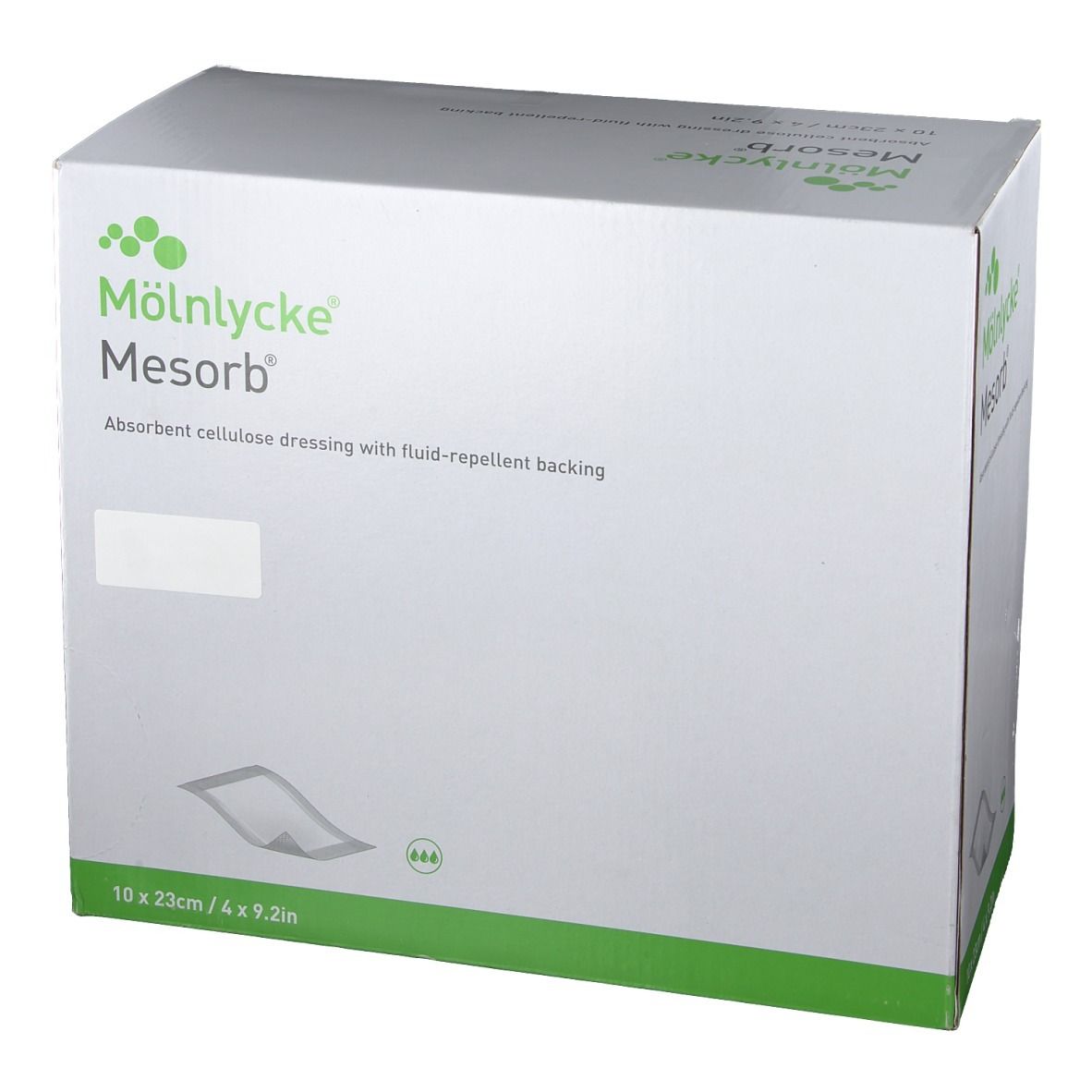 Mesorb Kompressen-Box. Hersteller: Mölnlycke. Größe: 10 x 23 cm. Zellulose-Wundauflage mit flüssigkeitsabweisender Rückseite.