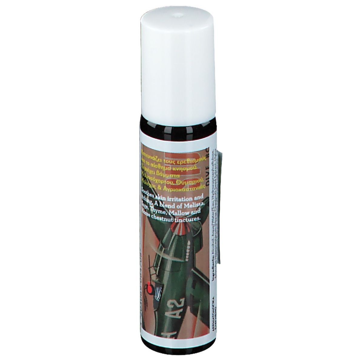 Roll-on KORRES®. Flacon en verre brun, bouchon blanc. Étiquette avec texte et illustration.