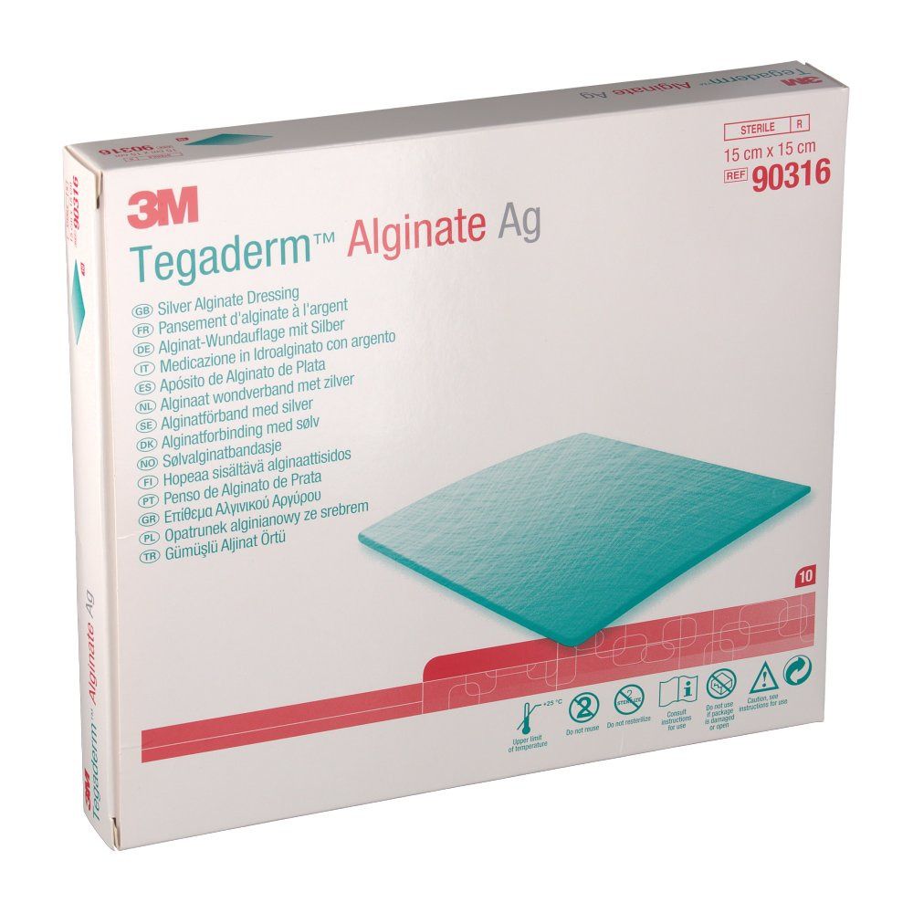 Verpackung von 3M Tegaderm Alginate Ag. Quadratische Wundauflage, 15 x 15 cm. Aufdrucke: 3M, Produktname, Größe, Artikelnummer.