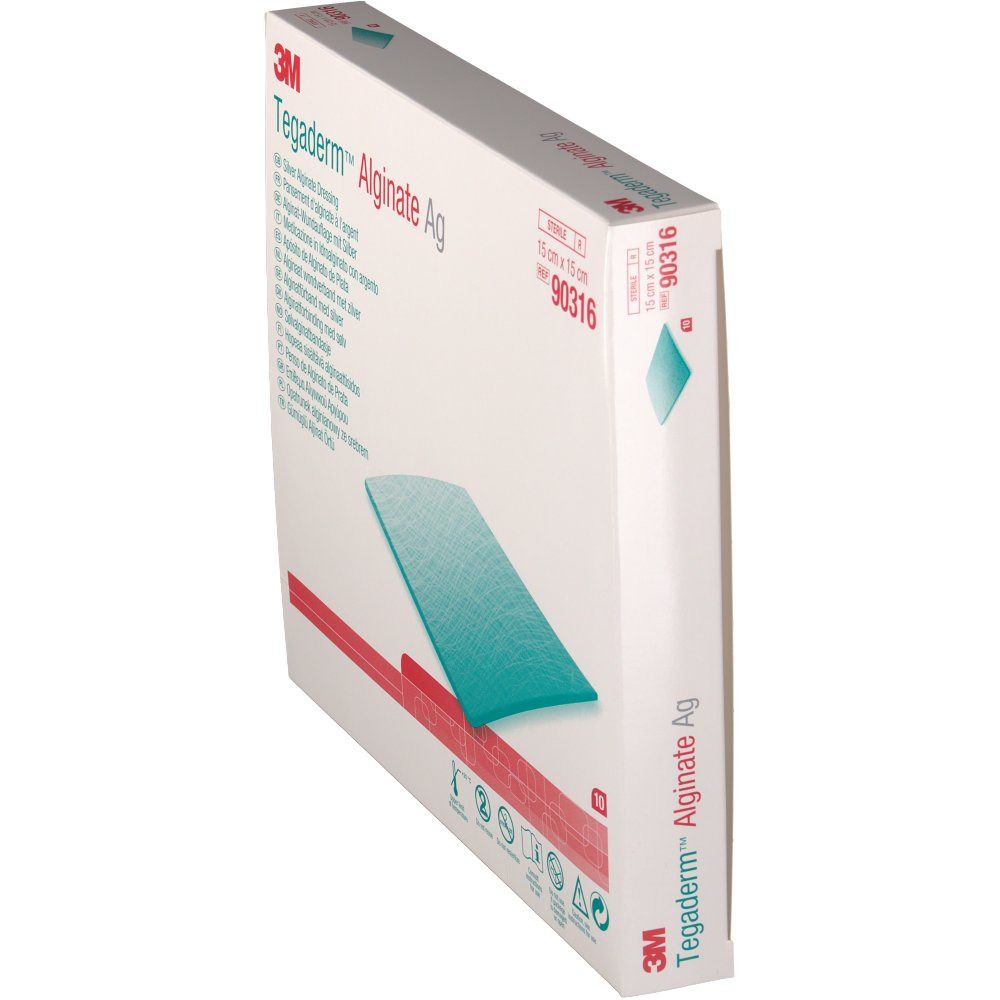 3M Tegaderm Alginate Ag Verpackung, Seitenansicht. Quadratische Wundauflage, 15 x 15 cm. Aufdrucke: 3M, Produktname, Größe, Artikelnummer.