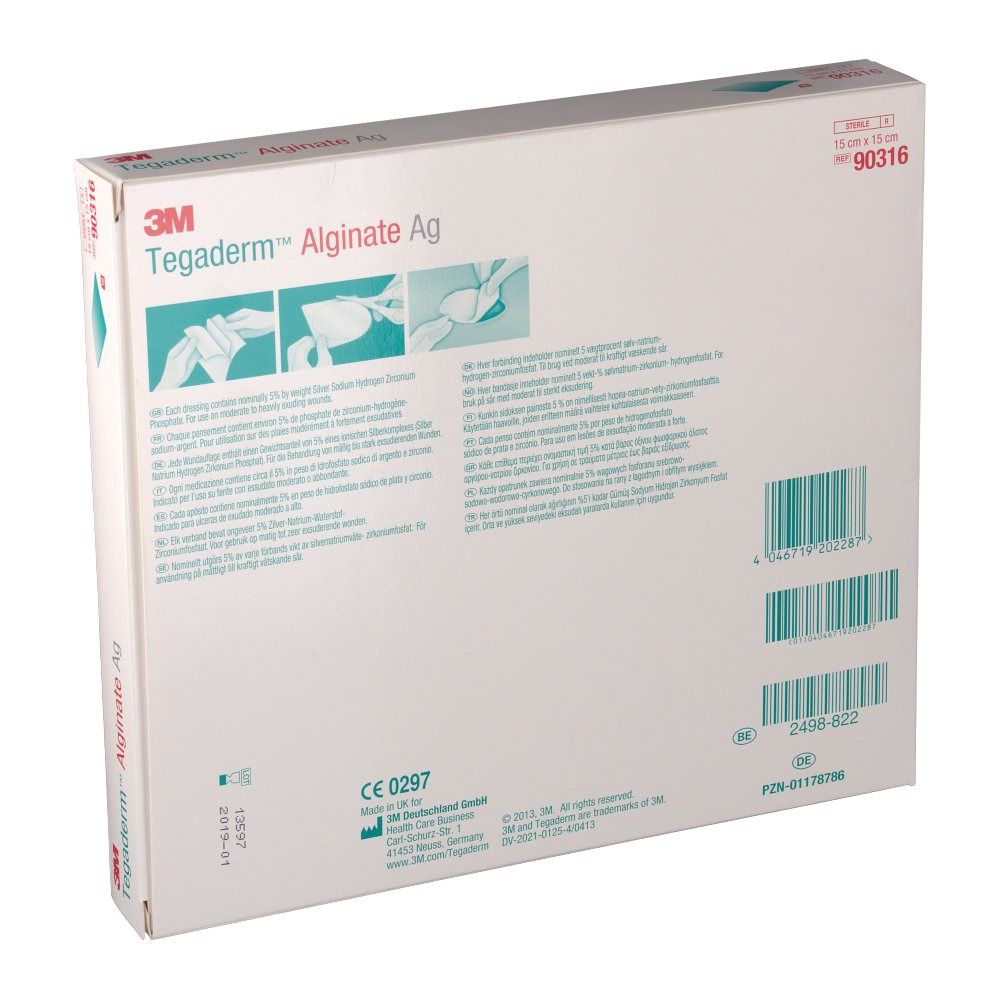 Rückseite der 3M Tegaderm Alginate Ag Verpackung. Enthält Informationen und Barcode. CE-Kennzeichnung.