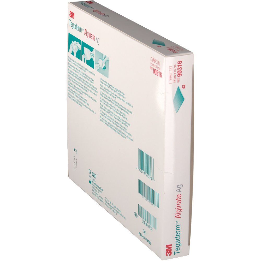 Seitenansicht der 3M Tegaderm Alginate Ag Verpackung. Enthält Informationen und Barcode. CE-Kennzeichnung.