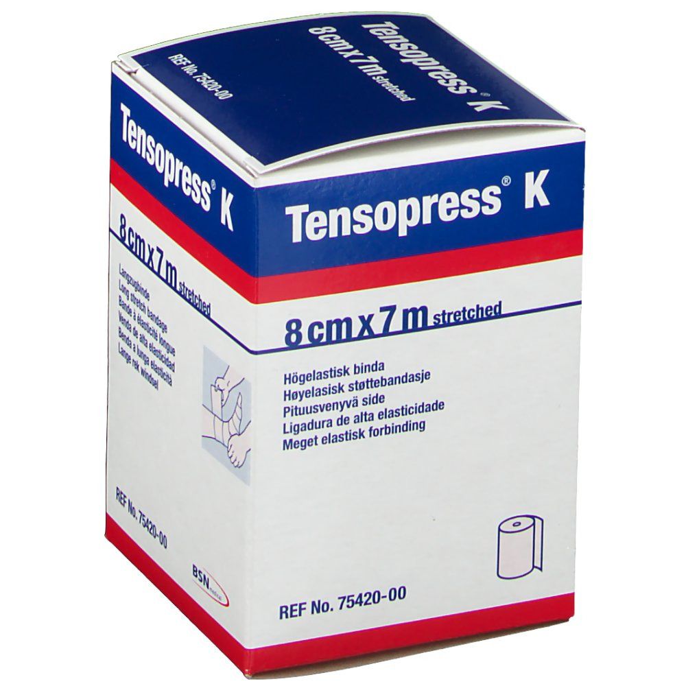 Emballage de Tensopress K Lanzugbinde. Boîte blanche et bleue. Inscription : 8cmx7m stretched. Illustration d'un bandage.