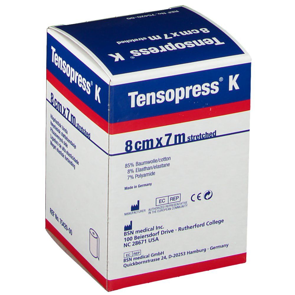 Emballage de Tensopress K Lanzugbinde. Boîte blanche et bleue. Inscription : 8cmx7m stretched. Informations sur les matériaux et le fabricant.