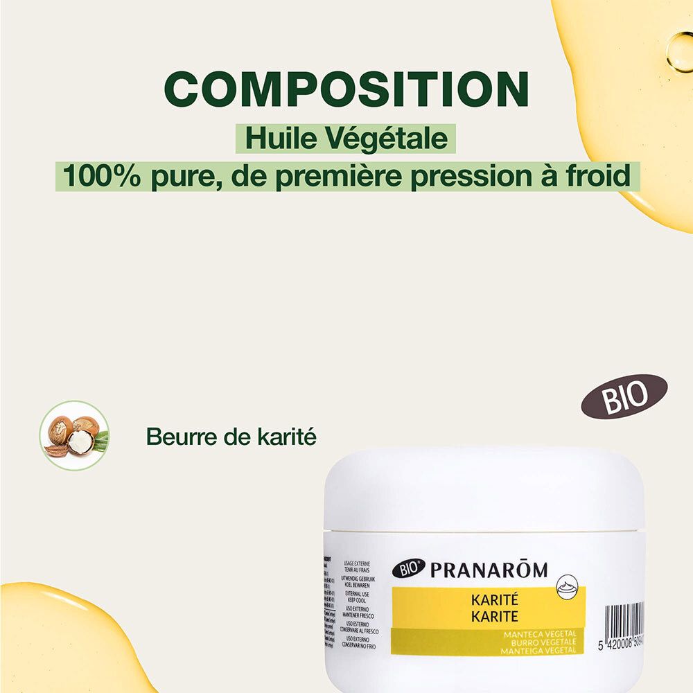 Pot blanc avec couvercle. Inscription: PRANAROM, KARITÉ KARITÉ. Étiquette jaune. Texte: 100 ml.