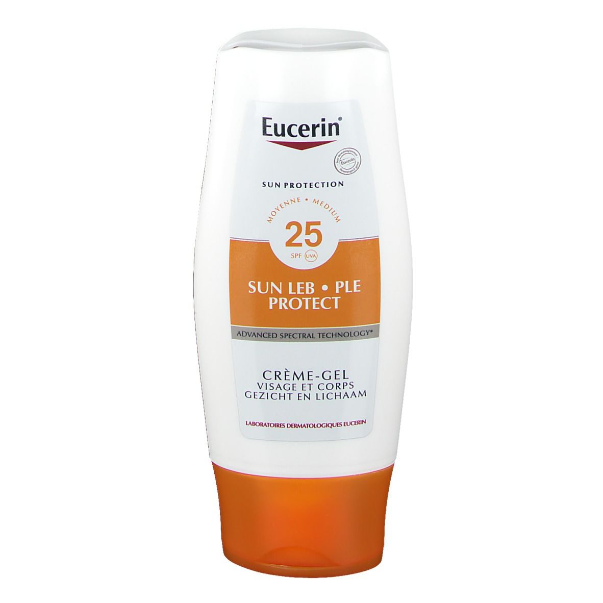 Weiß-orangefarbene Tube mit Produktinformationen. Eucerin-Logo, SPF 25, SUN LEB • PLE PROTECT, Crème-Gel.