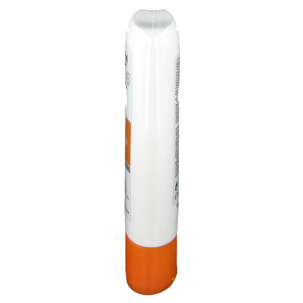 Weiße Tube mit orangefarbenem Boden. Produktinformationen auf der Rückseite. Eucerin-Logo sichtbar.