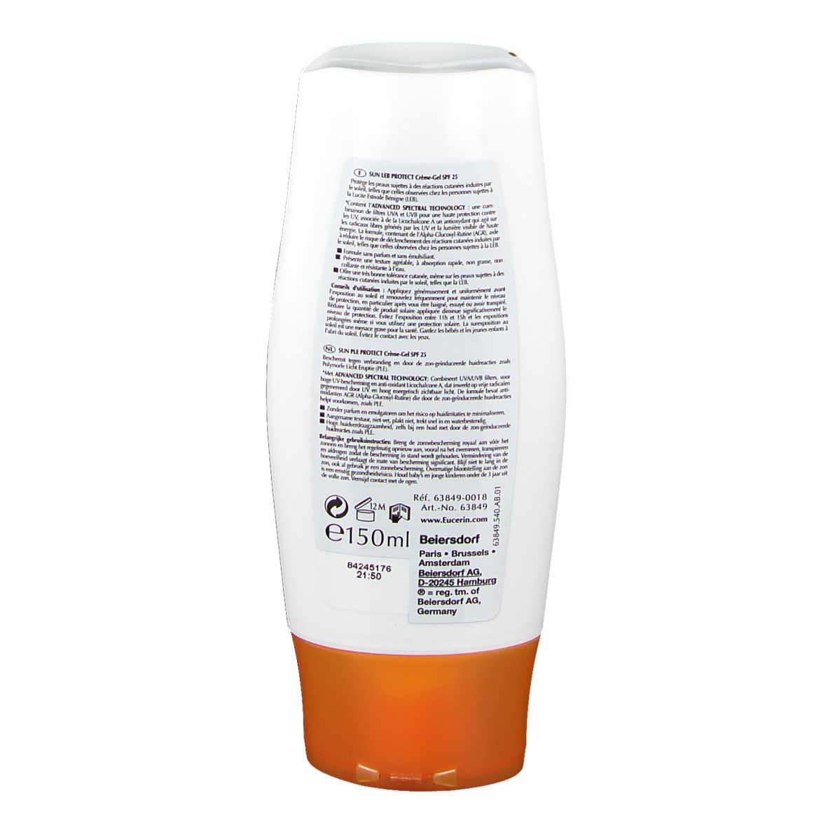 Rückseite einer weißen Tube. Text mit Produktinformationen. Eucerin, SUN LEB • PLE PROTECT, SPF 25, 150ml.