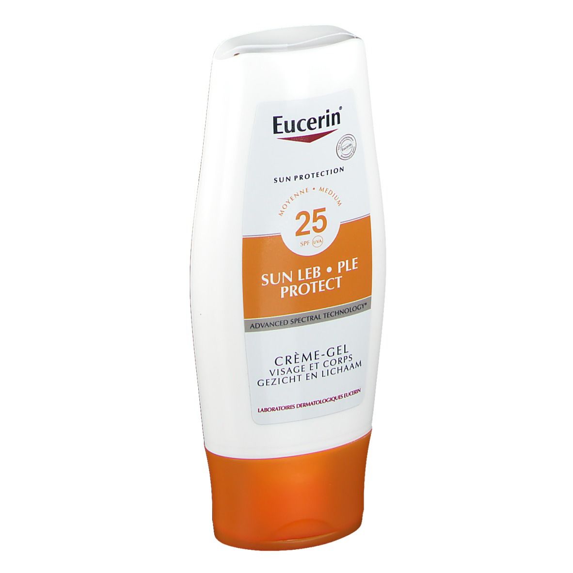 Weiß-orangefarbene Tube. Eucerin-Logo, SPF 25, SUN LEB • PLE PROTECT, Crème-Gel für Gesicht und Körper.