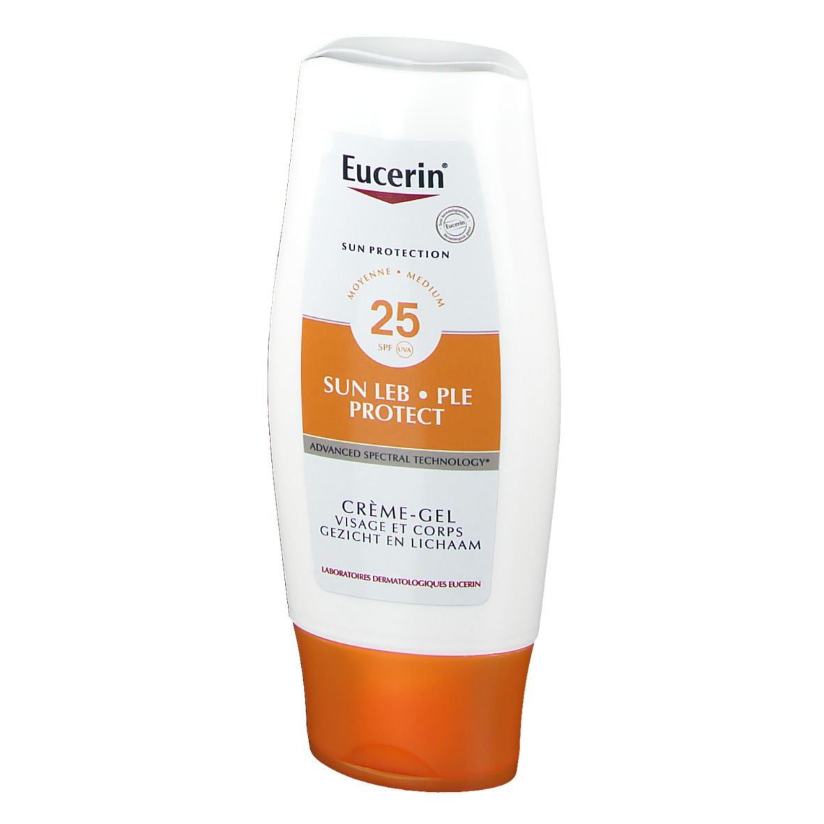 Weiß-orangefarbene Tube. Eucerin-Logo, SPF 25, SUN LEB • PLE PROTECT, Crème-Gel für Gesicht und Körper.