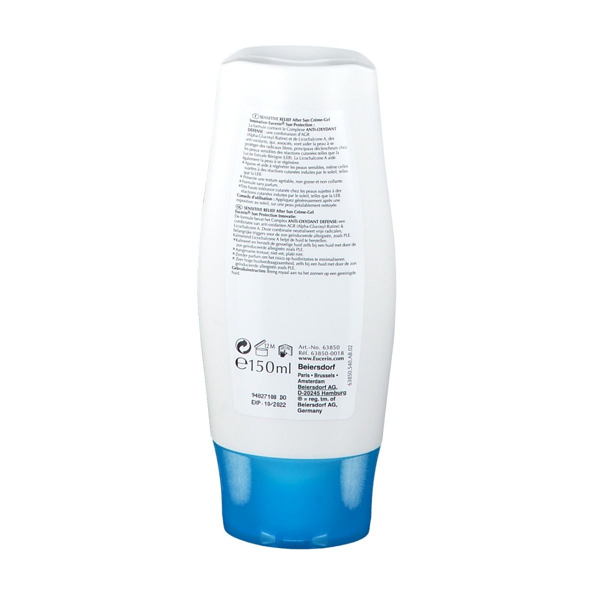 Weiße Flasche mit blauem Deckel. Rückseite mit Text und Herstellerangaben. E150ml.