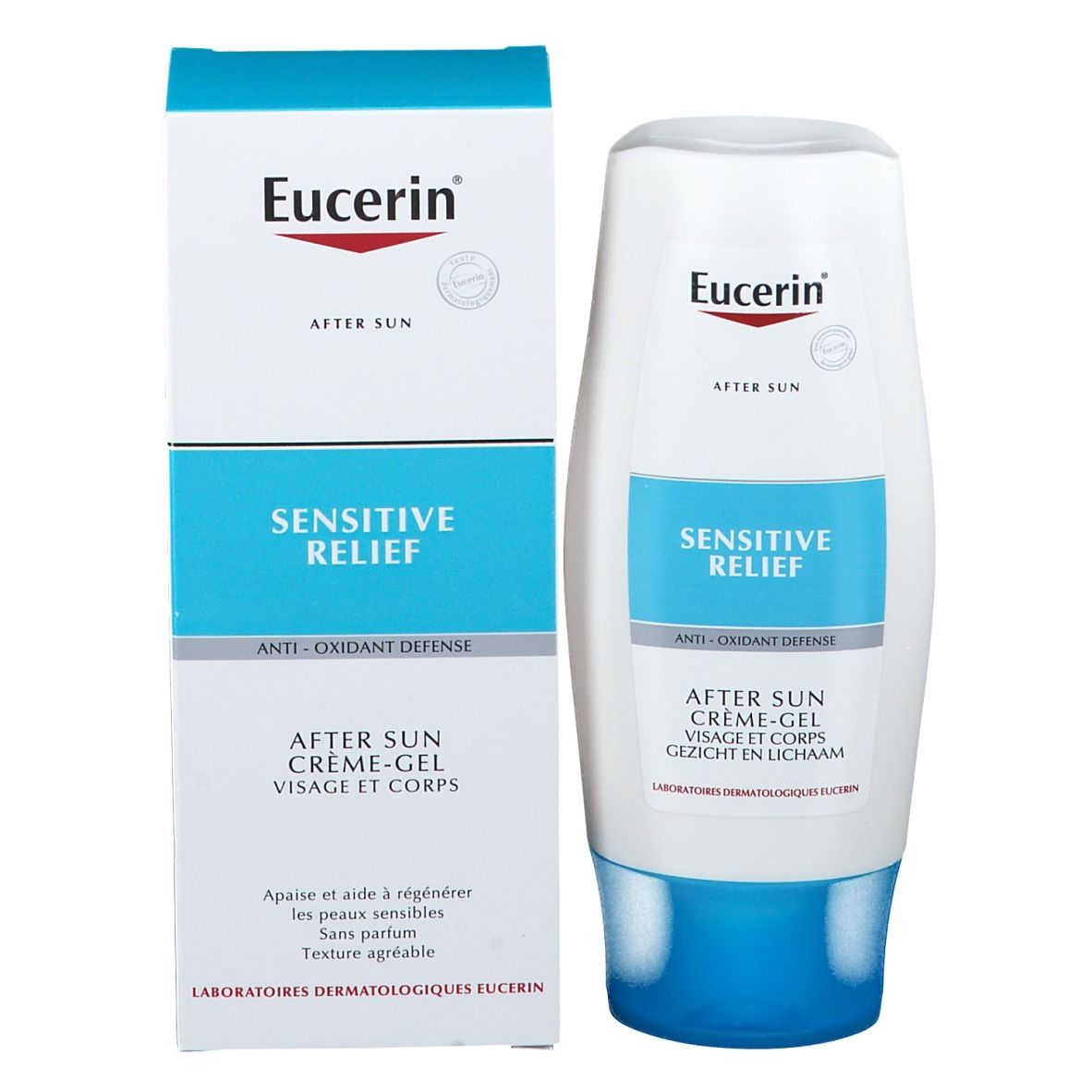Eucerin After Sun Creme-Gel und Verpackung. Weiß, blau und rot. Aufschrift: Sensitive Relief.