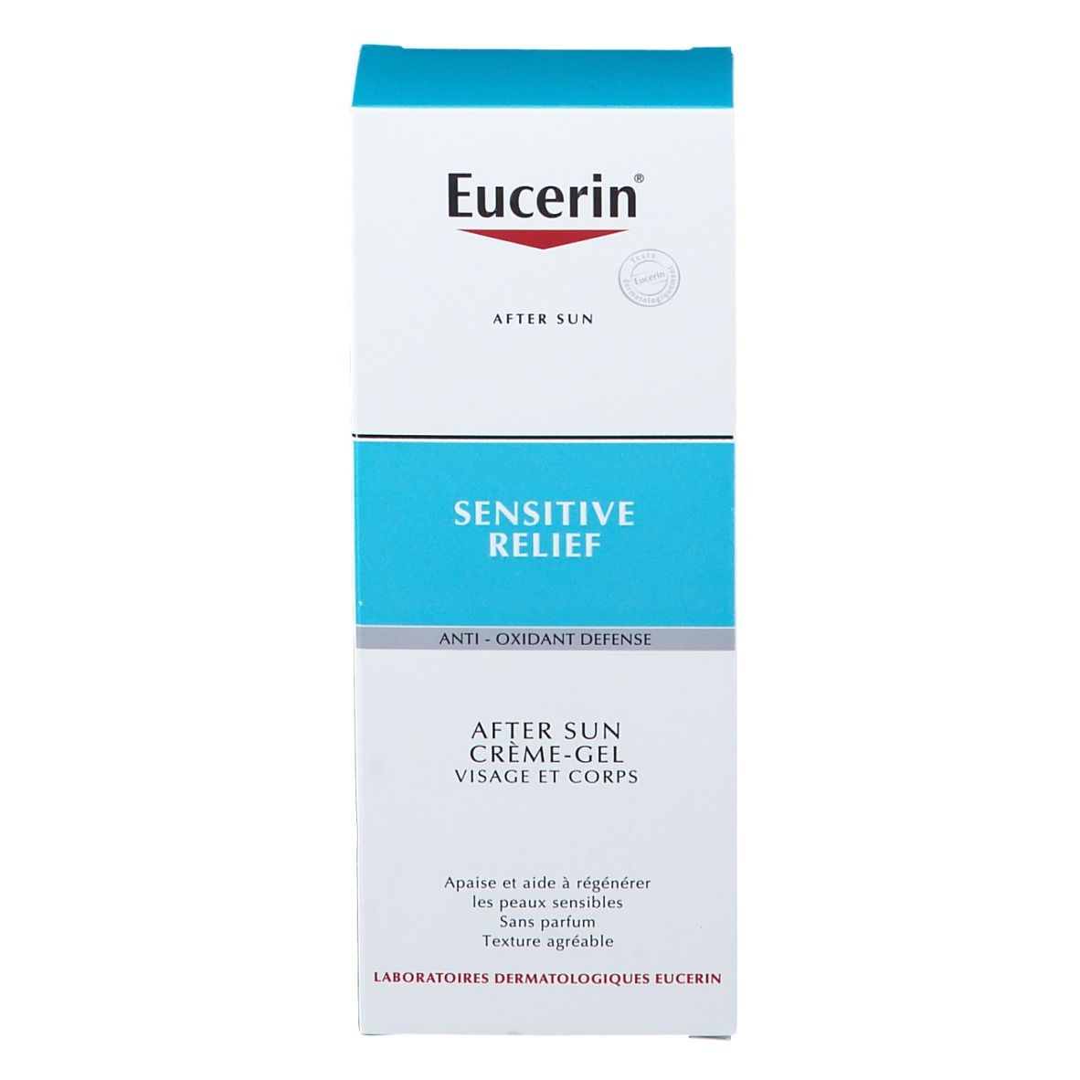 Verpackung von Eucerin After Sun Creme-Gel. Weiß, blau und rot. Aufschrift: Sensitive Relief.