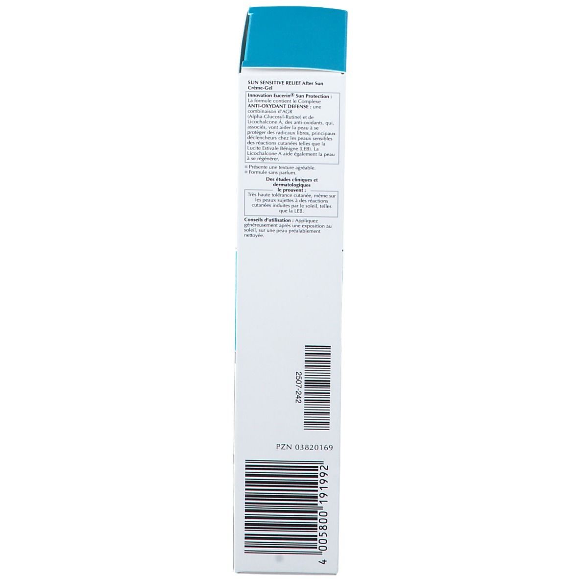 Schmale Verpackung von Eucerin After Sun Creme-Gel. Weiß und blau. Barcode und Text.