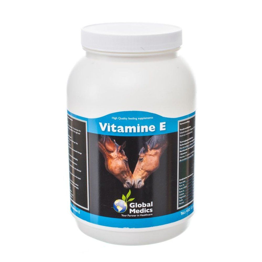 Pot Global Medics Vitamine E avec image de chevaux et informations produit.