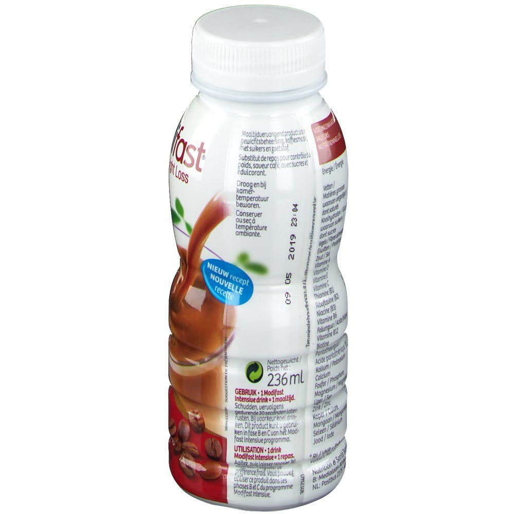 Weiß-braune Flasche mit weißem Deckel. Aufschrift und Nährwertangaben. 236 ml.