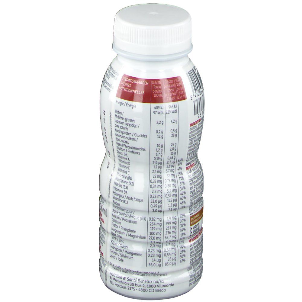 Weiß-braune Flasche mit weißem Deckel. Nährwertangaben auf der Rückseite.
