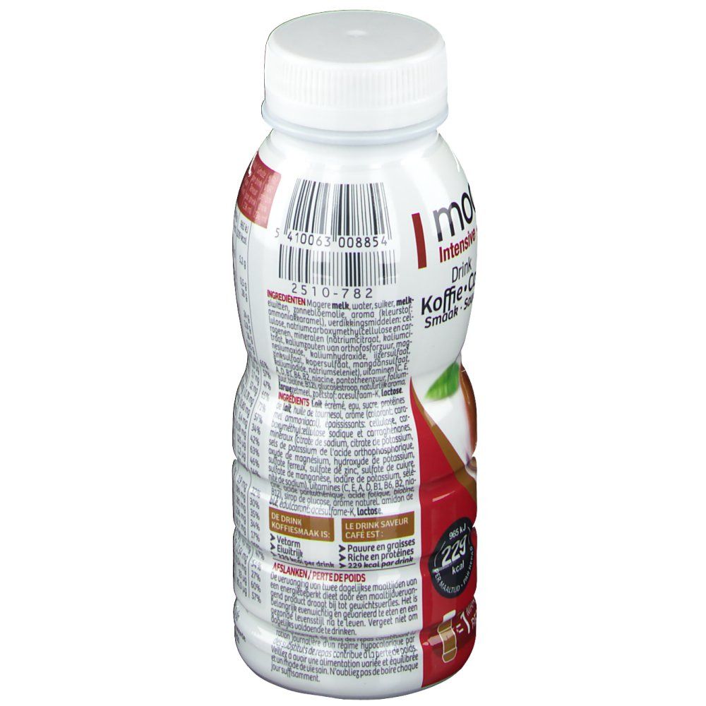 Weiß-braune Flasche mit weißem Deckel. Produktname und Zutatenliste. Barcode.
