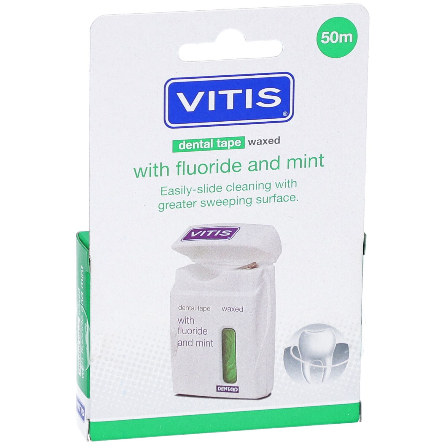 Emballage de fil dentaire ciré Vitis. Ruban blanc avec bande verte. Inscription : Vitis, fil dentaire ciré avec fluorure et menthe.