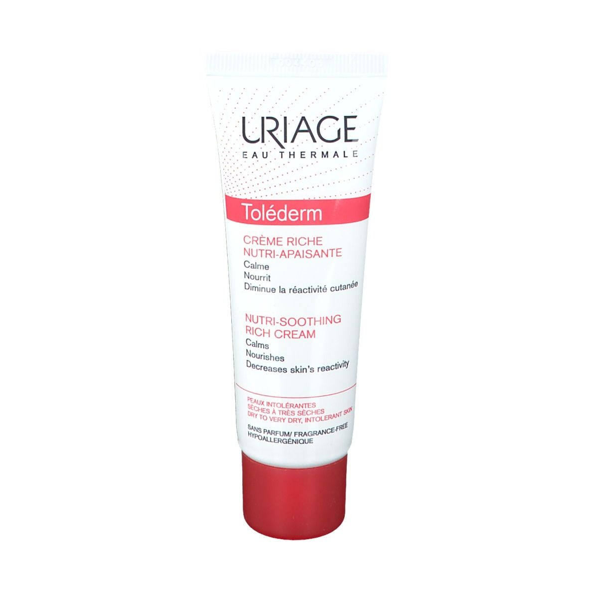Tube blanc à bouchon rouge. Inscriptions : URIAGE, Toléderm, Crème Riche. Texte en français et en anglais.
