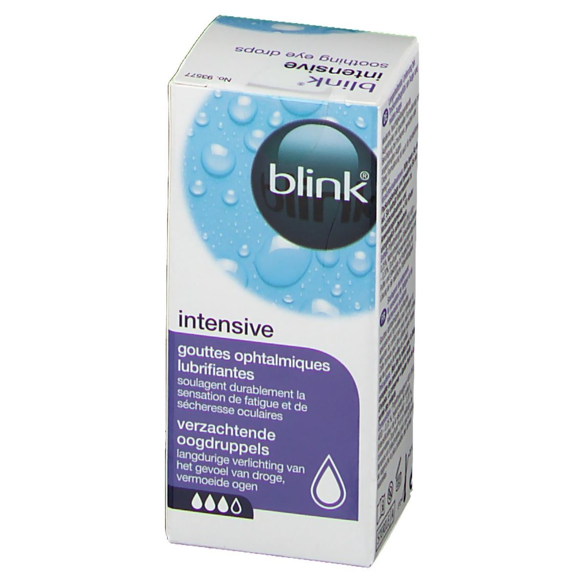 Boîte avec informations produit. Inscription: Blink intensive, gouttes ophtalmiques. Logo Blink.