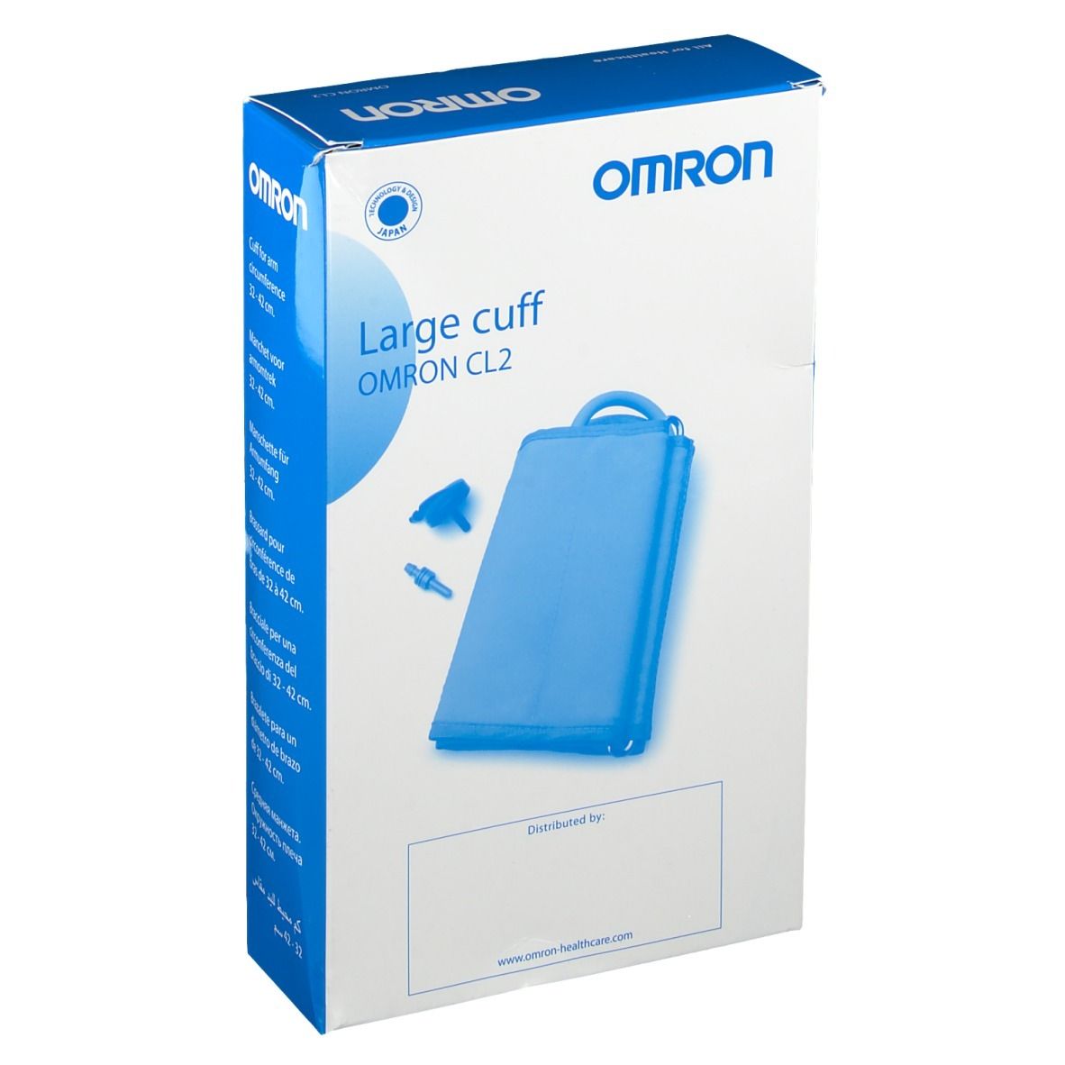 Boîte OMRON Ringmanschette CL2. Brassard bleu et accessoires visibles. Logo OMRON en haut.