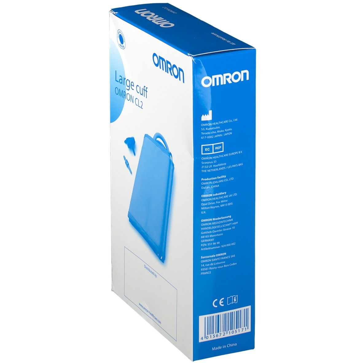 Vue latérale de la boîte OMRON Ringmanschette CL2. Informations et logos sur l'emballage.