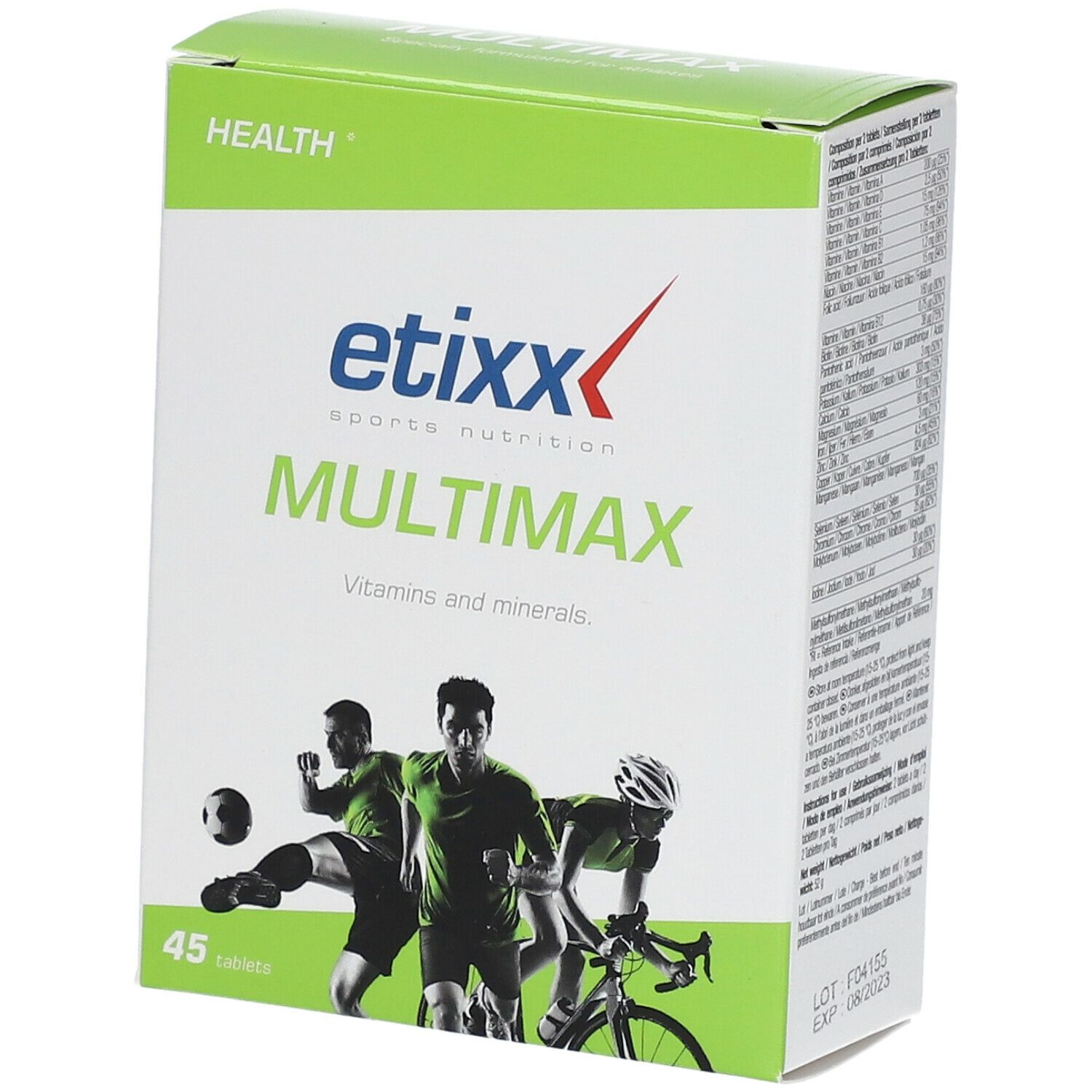 Etixx Multimaxx-Verpackung. Grün-weißes Rechteck mit Produktnamen und Sportler-Illustrationen. Enthält 45 Tabletten.