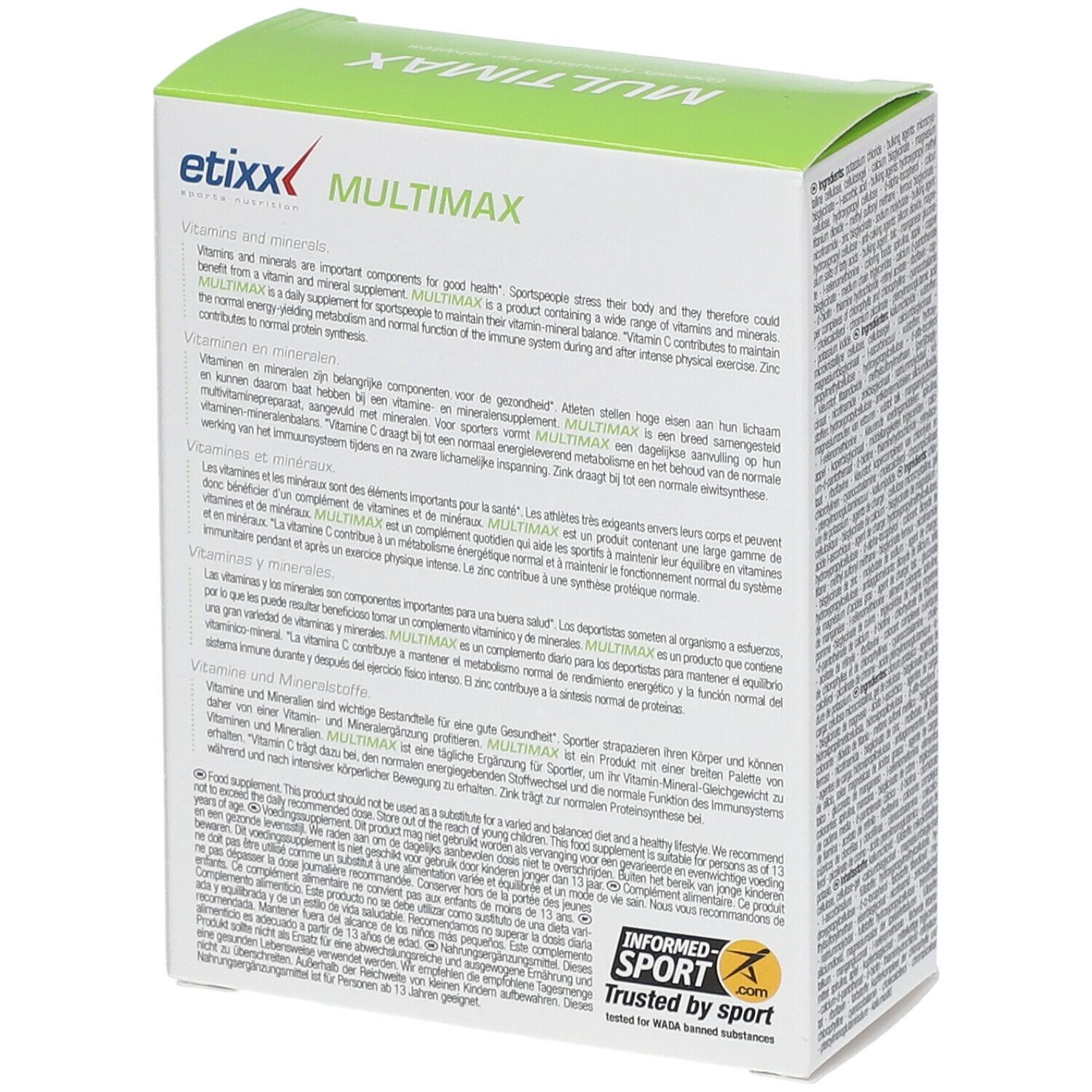 Rückseite der Etixx Multimaxx-Verpackung. Grün-weiß mit Produktinformationen und dem Logo 'Informed Sport'.