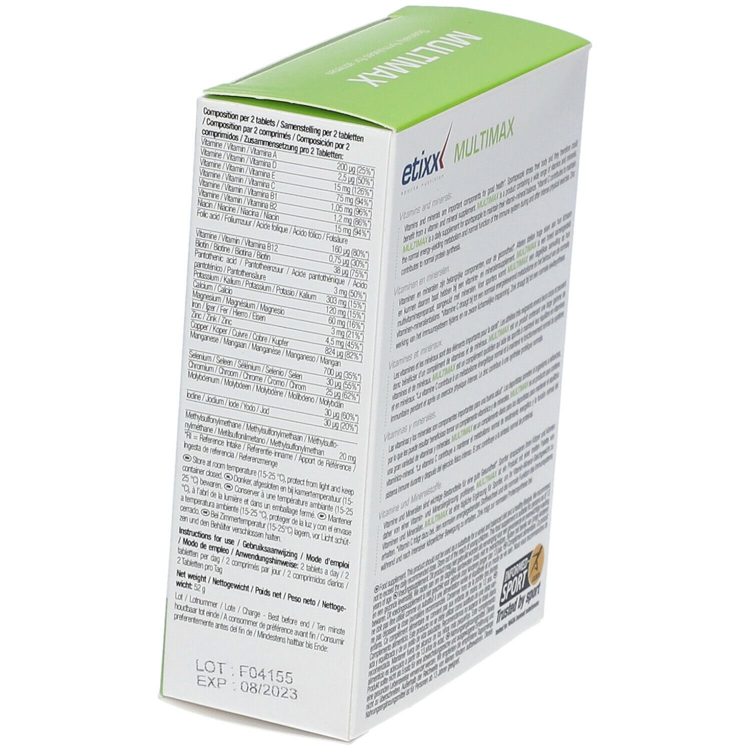 Etixx Multimaxx-Verpackung, schräg von hinten. Grün-weiß mit Produktinformationen und Nährwertangaben.