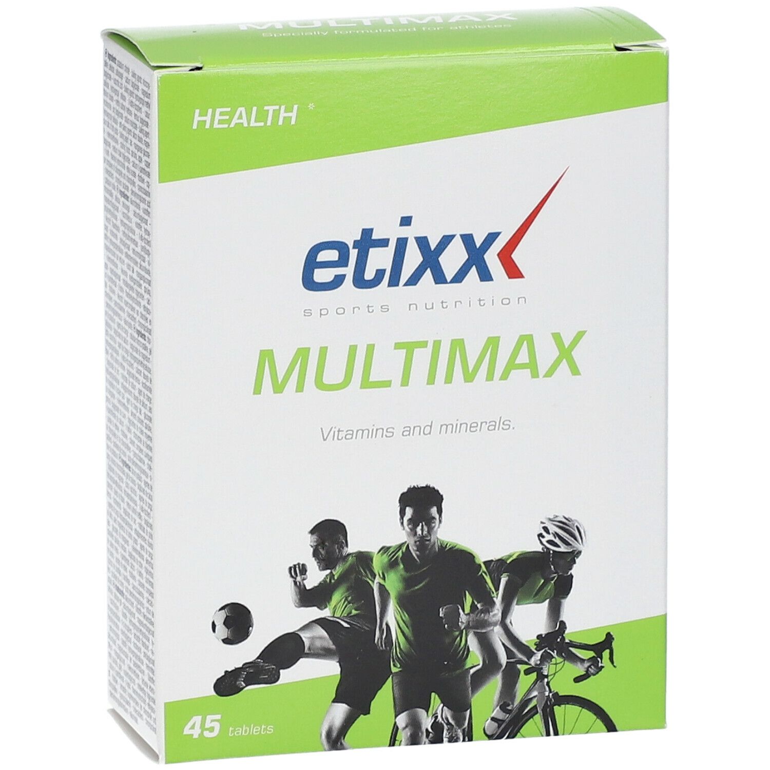 Etixx Multimaxx-Verpackung. Grün-weißes Rechteck mit Produktnamen und Sportler-Illustrationen. Enthält 45 Tabletten.