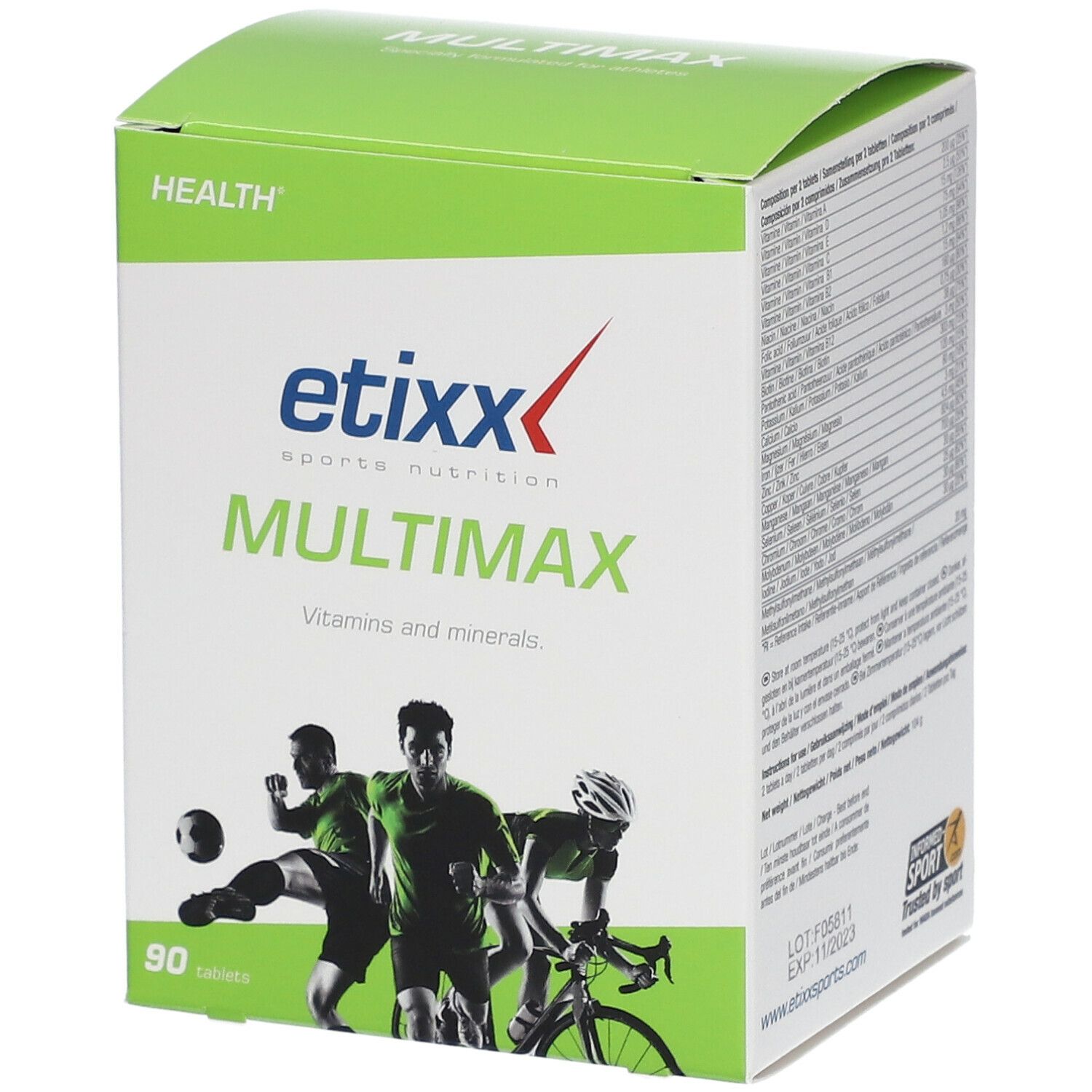 Boîte Etixx Mulitmax, verte et blanche, nom du produit et sportifs. Contient 90 comprimés.