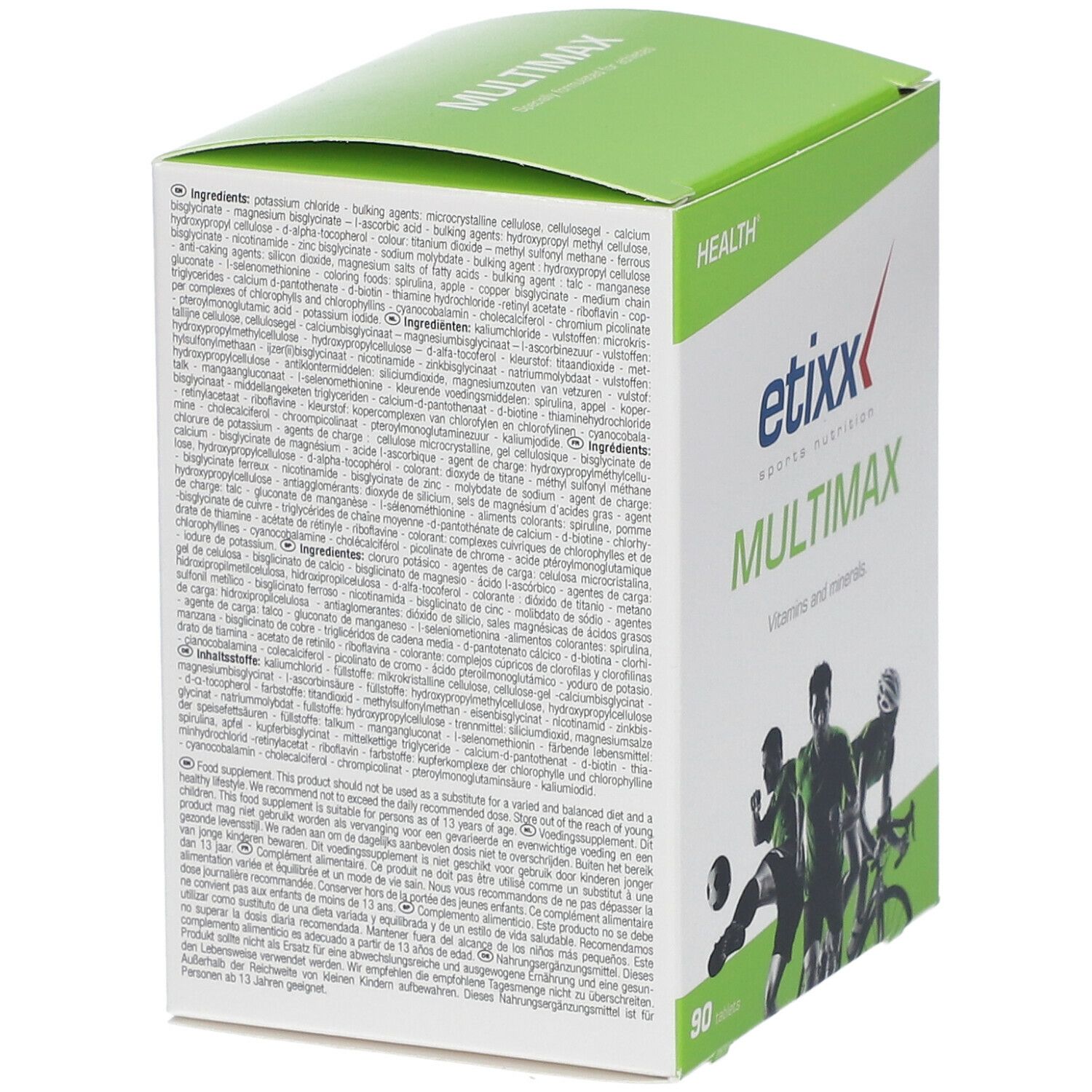 Dos de la boîte Etixx Mulitmax. Liste des ingrédients et informations en plusieurs langues.