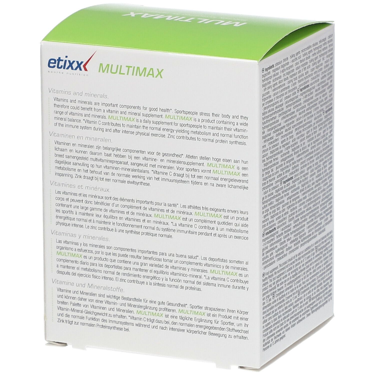 Côté de la boîte Etixx Mulitmax avec informations produit en plusieurs langues.