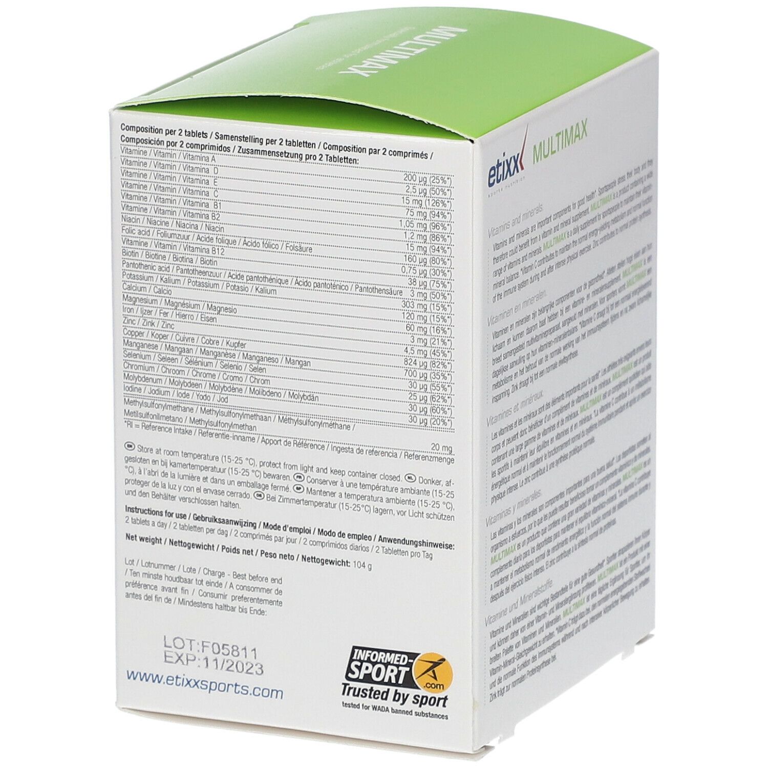 Côté de la boîte Etixx Mulitmax avec informations nutritionnelles et coordonnées. Logo Informed-Sport.