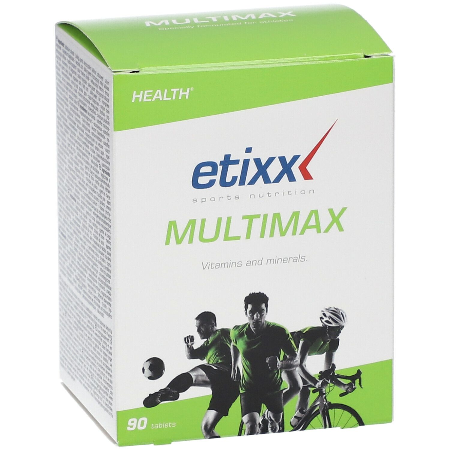 Boîte Etixx Mulitmax, verte et blanche, nom du produit et sportifs. Contient 90 comprimés.