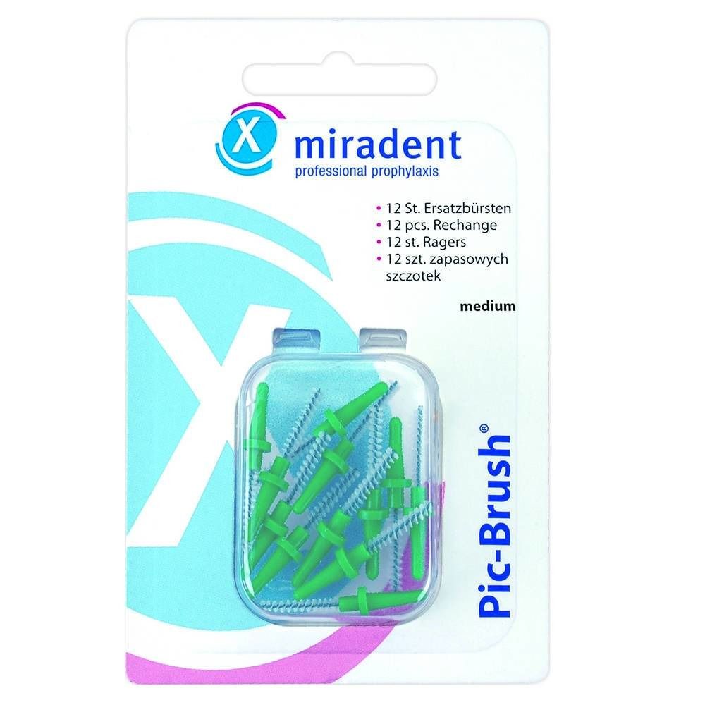 Miradent Pic-Brush Brossette Vert, 12 Ersatzbürsten in Blisterverpackung. Grüne Bürsten mit blauem Borstenbereich, "medium".