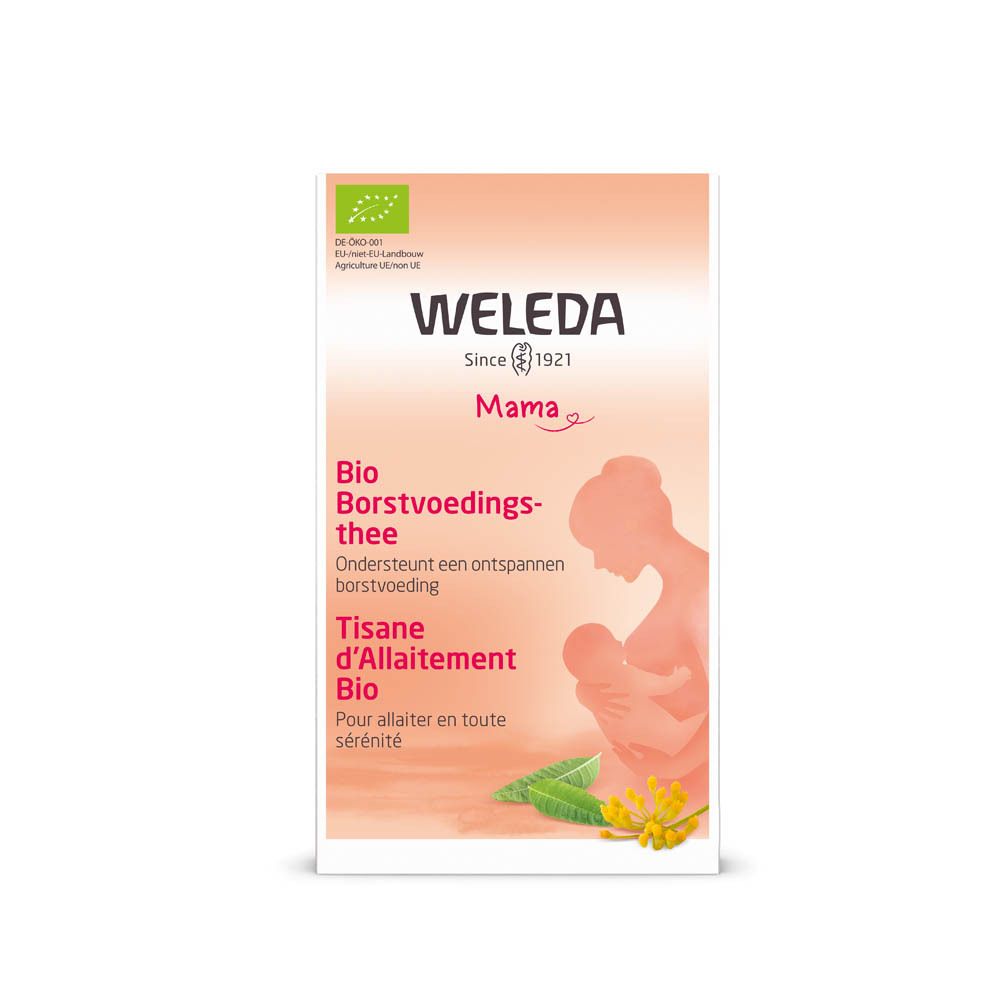Boîte de thé Weleda Mama Bio. Emballage orange avec logo, texte et illustration d'une femme allaitant.