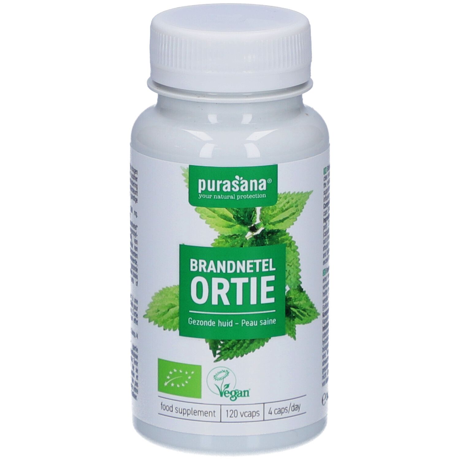 Weiße Flasche mit Kapseln. Aufschrift: Brandnetel Ortie, Gezonde huid - Peau saine. Vegan-Siegel.