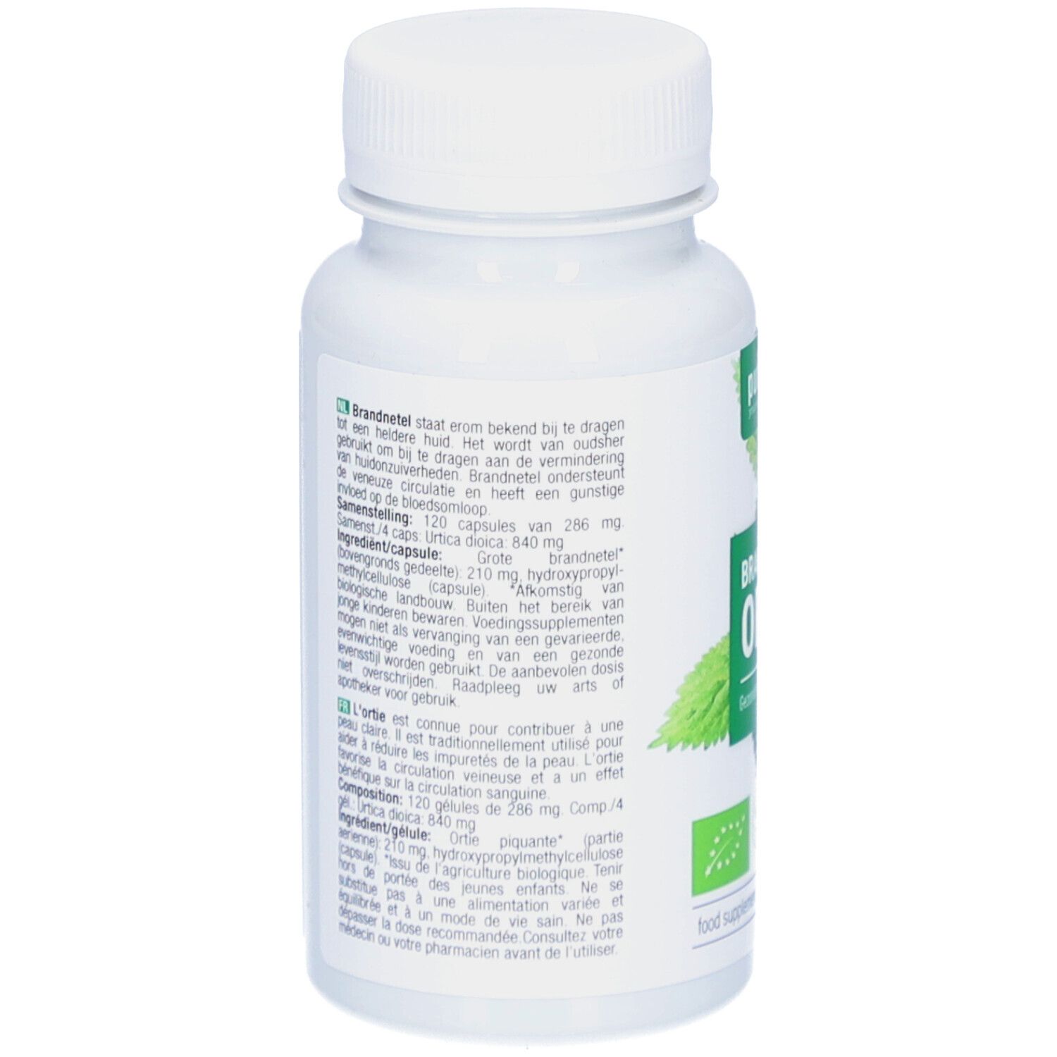 Rückseite der Flasche mit Produktinformationen. Text in Niederländisch und Französisch. Bio-Siegel und Vegan-Siegel.